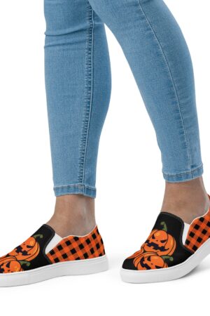 Festive Footwear for a Spooktacular Halloween Checkered and Jack-O-Lantern Canvas Slip-Ons