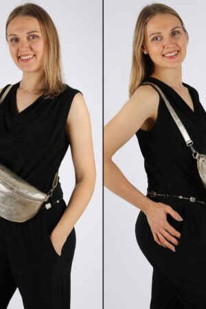 Gold Fanny Pack Interchangeable Wide Belt, Patterned Strap, Leather Crossbody, Silver Zipper Handbag