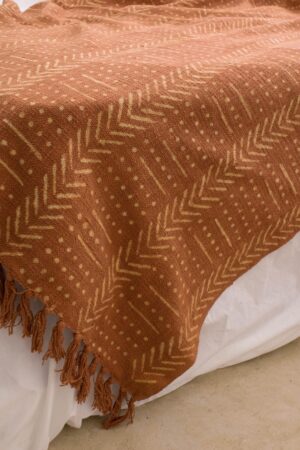 Rustic Charm Handcrafted Mud Cloth Cotton Blanket with Intricate Block Prints, Fringes, and Tassels