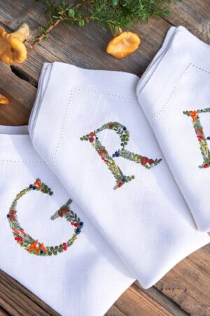 Embroidered Linen Napkins Personalized with Boletus and Chanterelles Motifs