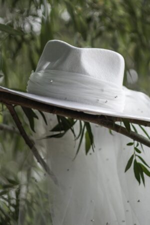 Timeless Bridal Elegance White Fedora and Ivory Rancher Hat with Pearl Accents