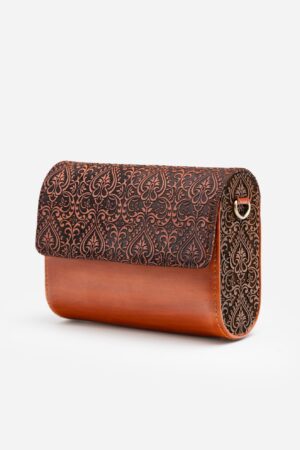 Exquisitely Crafted Orange Leather Sling Bag A Symphony of Teak Wood and Hand-Tooled Art