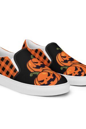 Festive Footwear for a Spooktacular Halloween Checkered and Jack-O-Lantern Canvas Slip-Ons