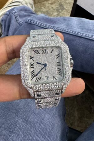 VVS Moissanite Diamond Automatic Movement Watch Burst Down Wristwatch, Fully Iced Out Handmade Stainless Steel Timepiece