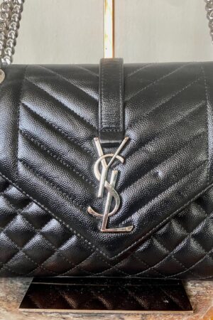 Vintage Yves Saint Laurent Envelope Crossbody Bag Timeless Elegance in Black Leather