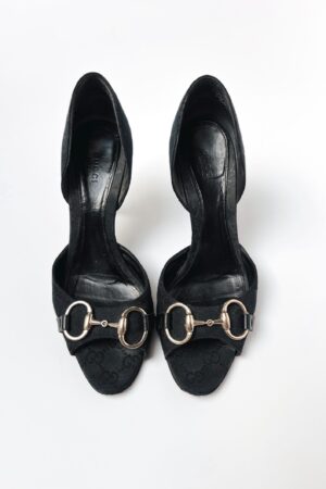 Authentic Gucci Black GG Logo Horsebit Buckle Open Toe Stiletto Heels in Size 37.5