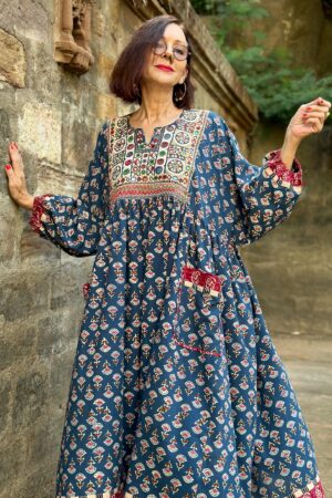 Hand Embroidered Midi Dress A Tapestry of Kutch Mirror Work and Block Printed Cotton