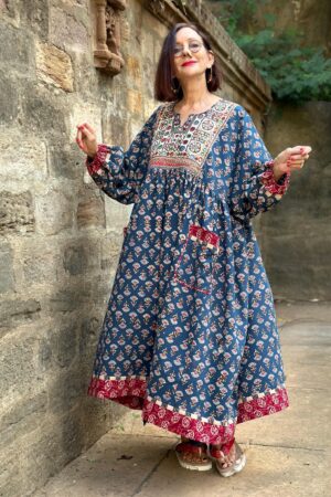 Hand Embroidered Midi Dress A Tapestry of Kutch Mirror Work and Block Printed Cotton