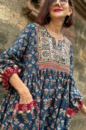 Hand Embroidered Midi Dress A Tapestry of Kutch Mirror Work and Block Printed Cotton