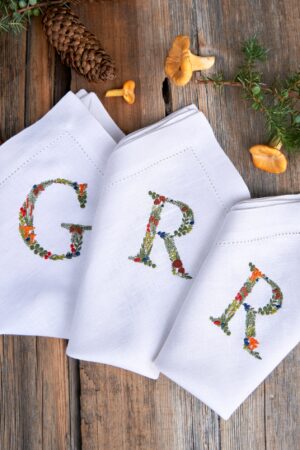 Embroidered Linen Napkins Personalized with Boletus and Chanterelles Motifs