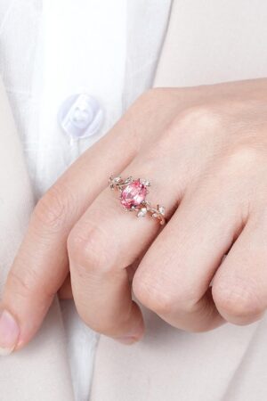 Exquisite Padparadscha Pink Sapphire Leaf Engagement Ring A Unique Rose Gold Vine Wedding Band