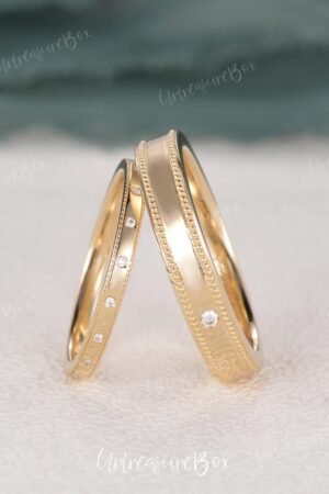 Exquisite Milgrain Couple Rings Unique Moissanite Wedding Bands for Eternal Love