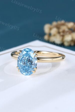 Vintage Oval Cut Lab Blue Diamond Solitaire Engagement Ring in Yellow Gold