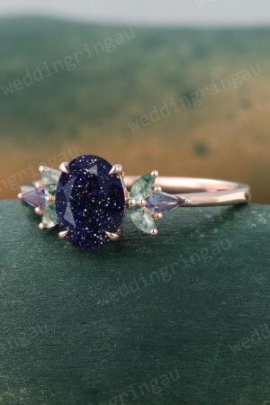 Celestial Symphony Oval Blue Sandstone, Marquise Moss Agate, and Alexandrite Galaxy Rings in Rose Gold