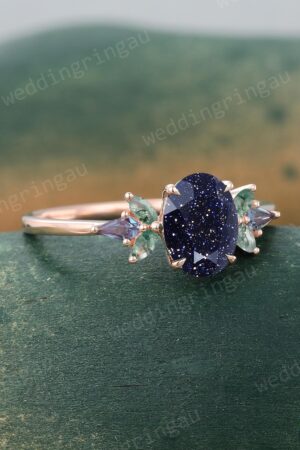 Celestial Symphony Oval Blue Sandstone, Marquise Moss Agate, and Alexandrite Galaxy Rings in Rose Gold