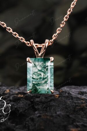 Exquisite Emerald Cut Green Moss Agate Necklace A Timeless Treasure in 14k Yellow Gold