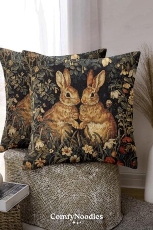 Enchanted Woodland Retreat Botanical Rabbits Throw Pillows, Inspired by William Morris