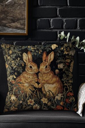 Enchanted Woodland Retreat Botanical Rabbits Throw Pillows, Inspired by William Morris