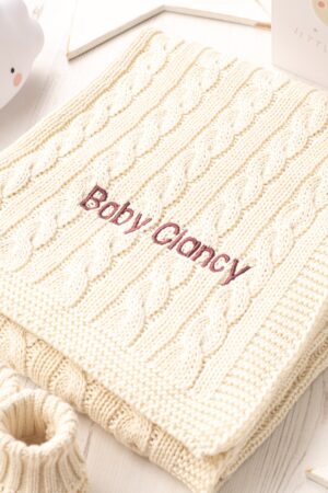 Toffee Moon Cream Personalized Baby Blanket, Cardigan, and Accessory Gift Set with Toy Bunny