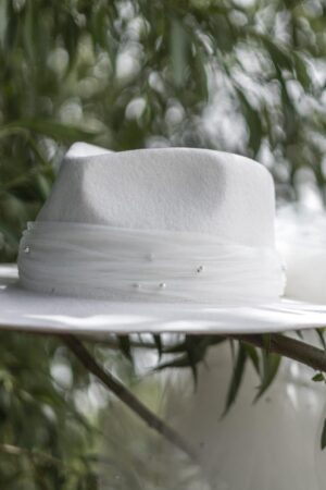 Timeless Bridal Elegance White Fedora and Ivory Rancher Hat with Pearl Accents