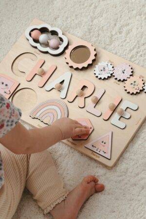 Personalized Montessori Busy Board Educational Shape Puzzle for Toddlers, Engraved with Name