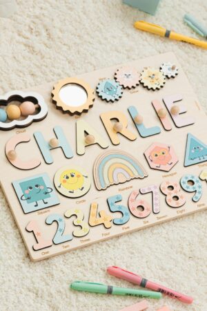 Personalized Montessori Busy Board Educational Shape Puzzle for Toddlers, Engraved with Name