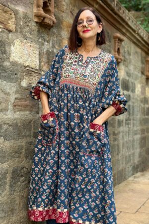 Hand Embroidered Midi Dress A Tapestry of Kutch Mirror Work and Block Printed Cotton