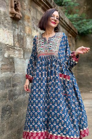 Hand Embroidered Midi Dress A Tapestry of Kutch Mirror Work and Block Printed Cotton