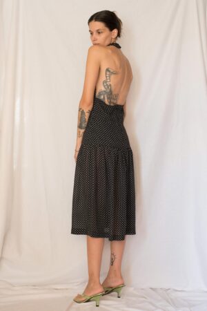 Vintage 1980s Black and White Polka Dot Drop Waist Midi Dress with Open Back