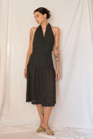 Vintage 1980s Black and White Polka Dot Drop Waist Midi Dress with Open Back