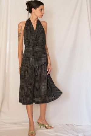 Vintage 1980s Black and White Polka Dot Drop Waist Midi Dress with Open Back