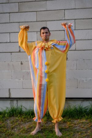 Groovy Yellow Clown Costume Vintage Stripes Circus Jumpsuit for Halloween, Cosplay, and Parties