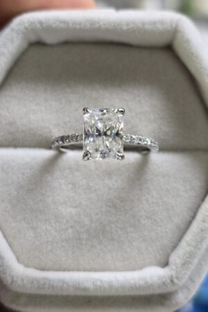 Radiant Elegance 14k White Gold Moissanite Engagement Ring with Hidden Halo and Diamond Eternity Band