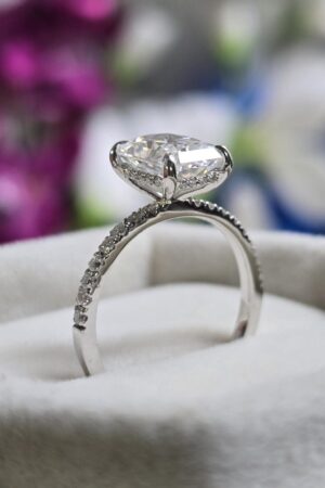 Radiant Elegance 14k White Gold Moissanite Engagement Ring with Hidden Halo and Diamond Eternity Band