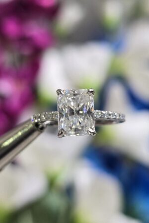 Radiant Elegance 14k White Gold Moissanite Engagement Ring with Hidden Halo and Diamond Eternity Band