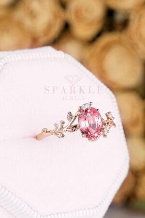 Exquisite Padparadscha Pink Sapphire Leaf Engagement Ring A Unique Rose Gold Vine Wedding Band