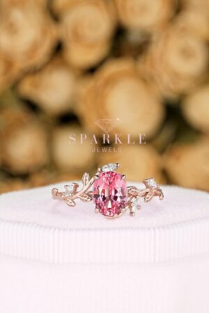 Exquisite Padparadscha Pink Sapphire Leaf Engagement Ring A Unique Rose Gold Vine Wedding Band