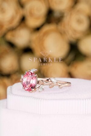 Exquisite Padparadscha Pink Sapphire Leaf Engagement Ring A Unique Rose Gold Vine Wedding Band