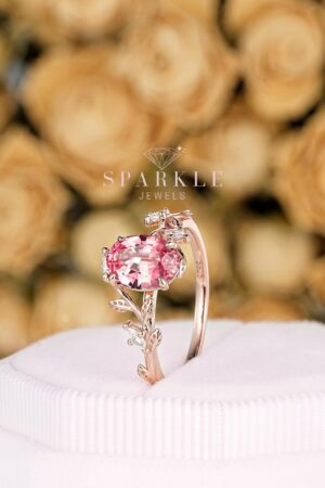 Exquisite Padparadscha Pink Sapphire Leaf Engagement Ring A Unique Rose Gold Vine Wedding Band