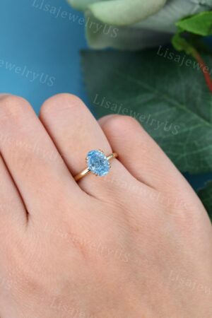 Vintage Oval Cut Lab Blue Diamond Solitaire Engagement Ring in Yellow Gold