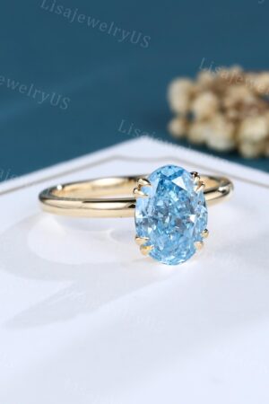 Vintage Oval Cut Lab Blue Diamond Solitaire Engagement Ring in Yellow Gold