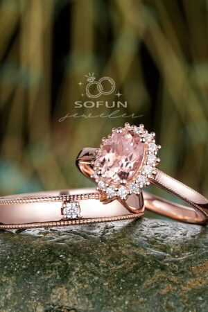 His and Hers Pink Morganite Halo Engagement Ring Set A Symbol of Eternal Love