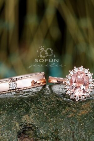 His and Hers Pink Morganite Halo Engagement Ring Set A Symbol of Eternal Love