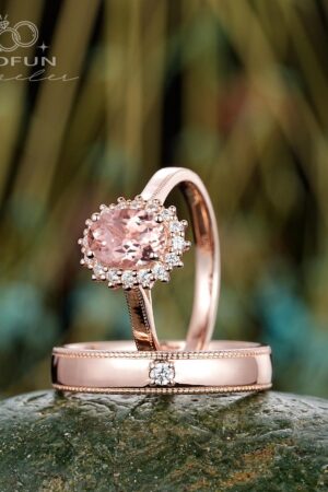 His and Hers Pink Morganite Halo Engagement Ring Set A Symbol of Eternal Love