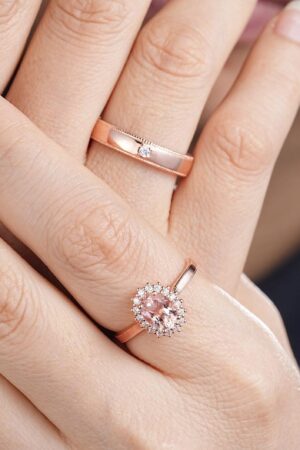 His and Hers Pink Morganite Halo Engagement Ring Set A Symbol of Eternal Love