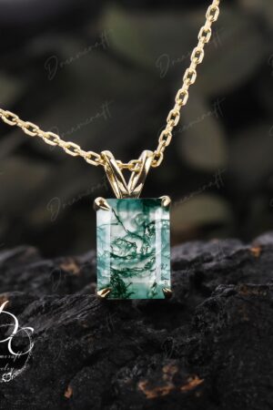 Exquisite Emerald Cut Green Moss Agate Necklace A Timeless Treasure in 14k Yellow Gold