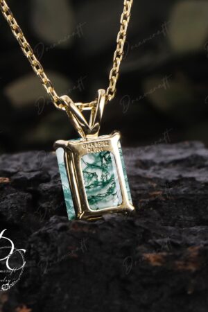 Exquisite Emerald Cut Green Moss Agate Necklace A Timeless Treasure in 14k Yellow Gold