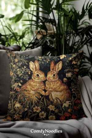 Enchanted Woodland Retreat Botanical Rabbits Throw Pillows, Inspired by William Morris