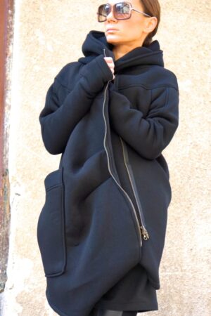 Luxurious Asymmetrical Black Hooded Coat Warmth, Style, and Functionality