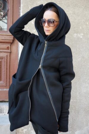 Luxurious Asymmetrical Black Hooded Coat Warmth, Style, and Functionality